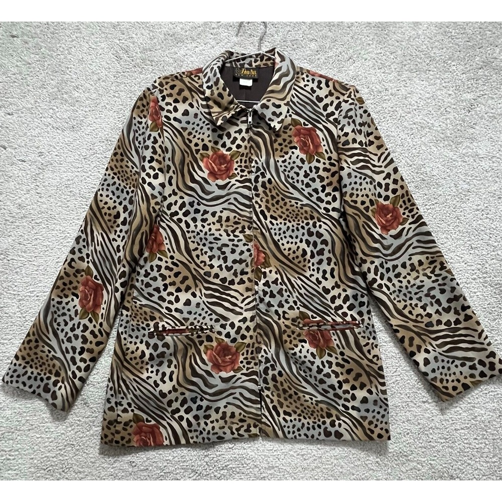 David Paul Top Womens Medium Multicolor Leopard Print Long‎ Sleeves Full Zip